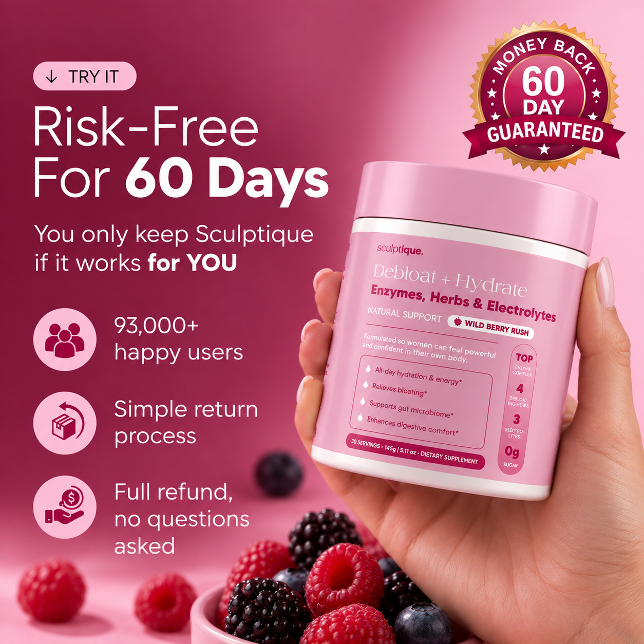 Enzymes, Herbs & Electrolytes Debloat Drink by Sculptique -  Wild Berry Rush Flavor