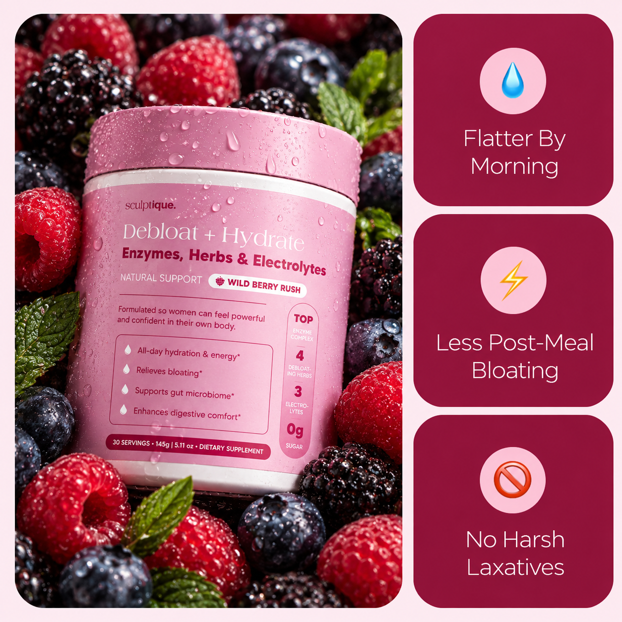 Enzymes, Herbs & Electrolytes Debloat Drink by Sculptique -  Wild Berry Rush Flavor